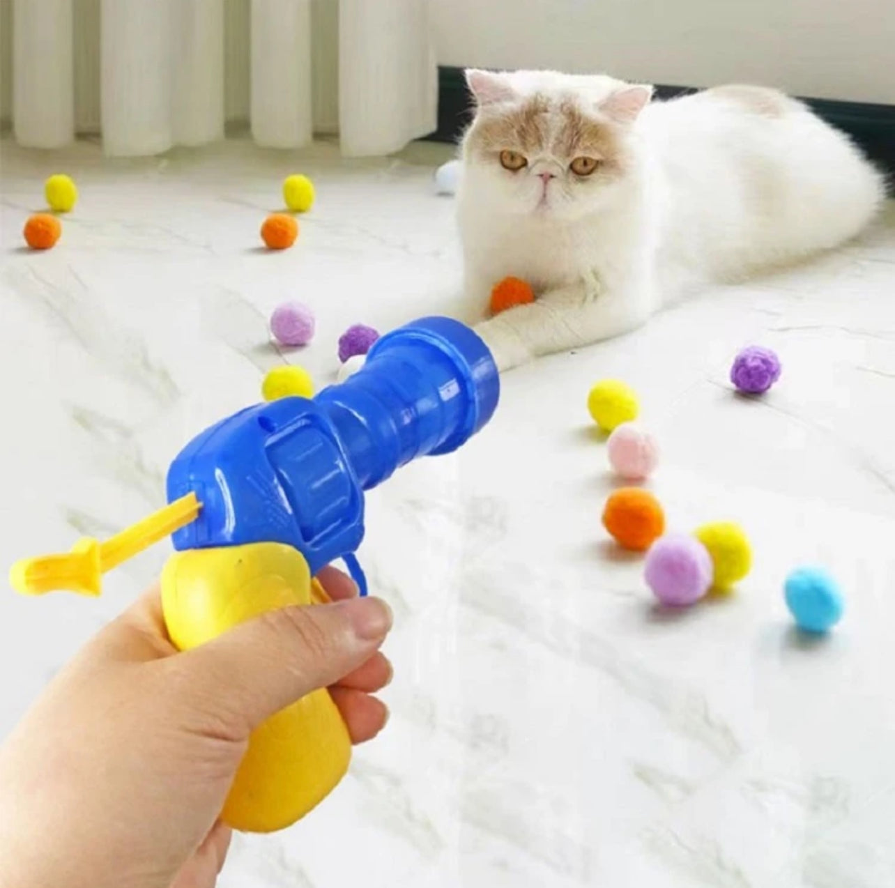 Interactive Toy for Cat Plush Ball Launcher with 30 Pieces Random Color Plush Balls