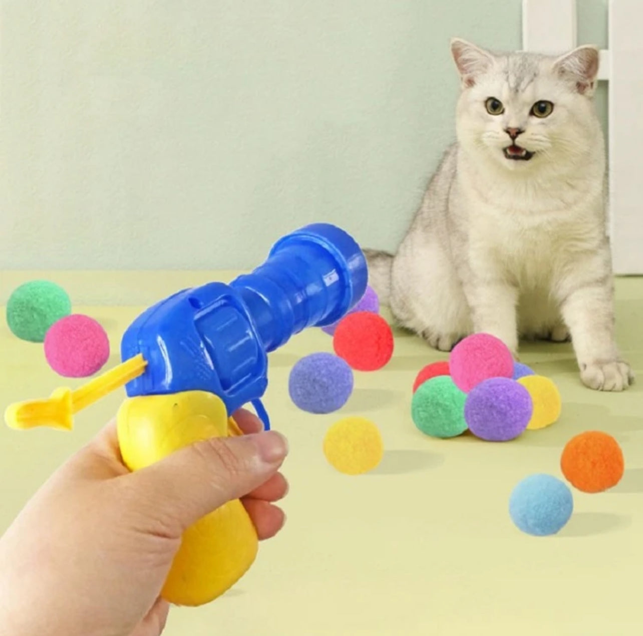 Interactive Toy for Cat Plush Ball Launcher with 30 Pieces Random Color Plush Balls